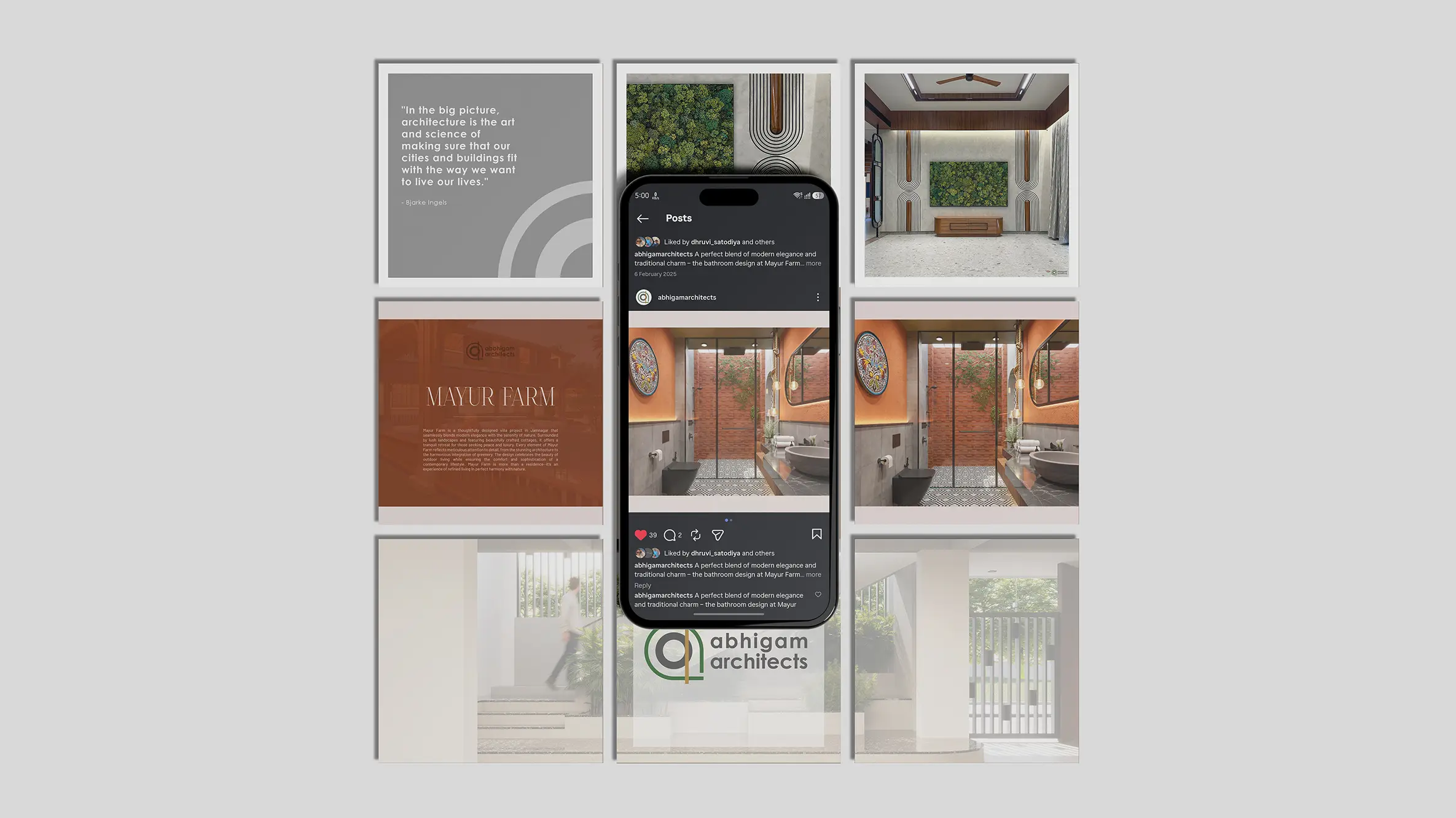 ABBHIGAM ARCHITECTS – BRAND IDENTITY DESIGN 14 Abbhigam Architects social media branding design showcasing Instagram grid layout, architectural content strategy, brand identity, and digital marketing creatives.
