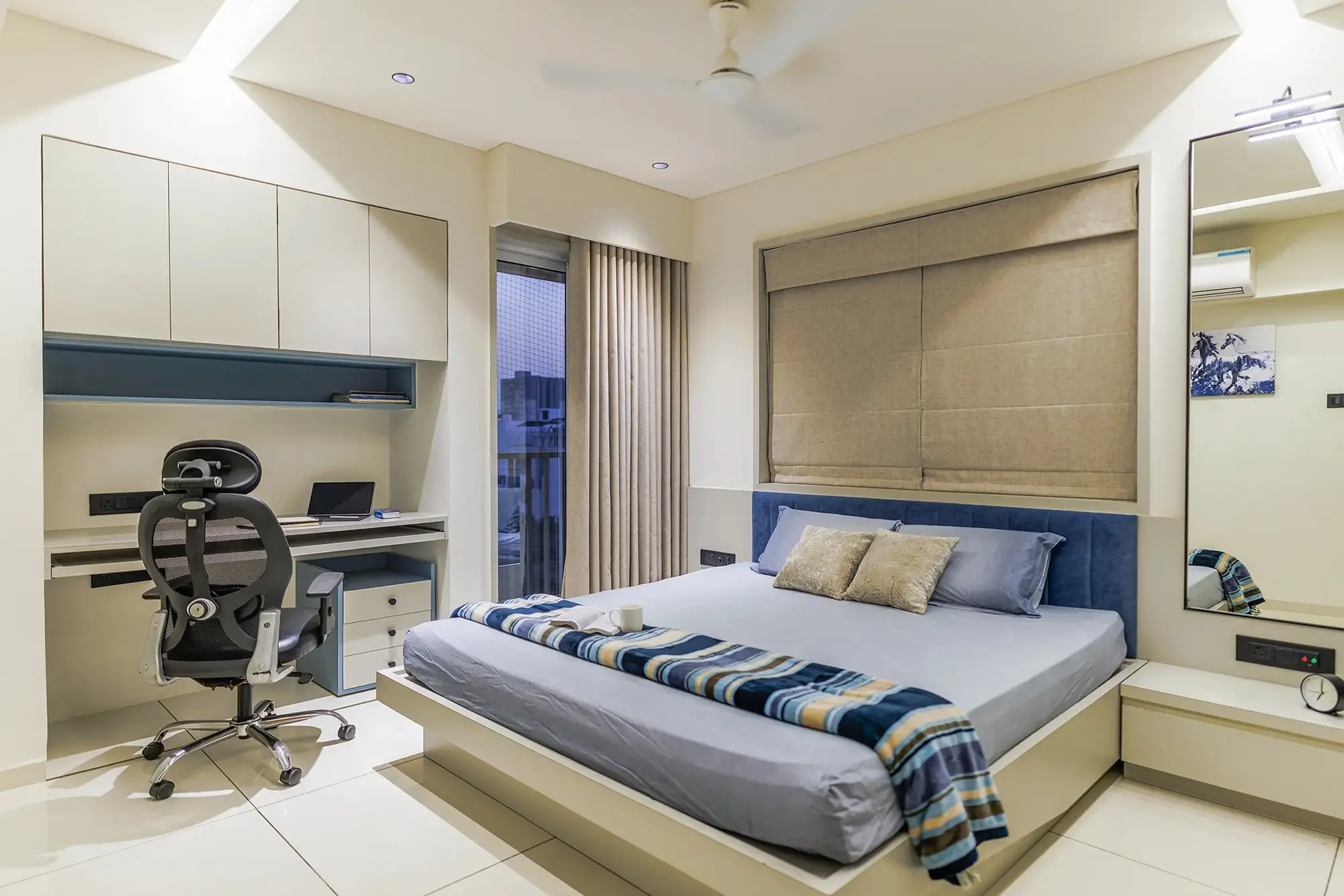 VRAJ – MODERN RESIDENCE 11 Modern Interior Design Rajkot – VRAJ Bedroom with Study Workspace