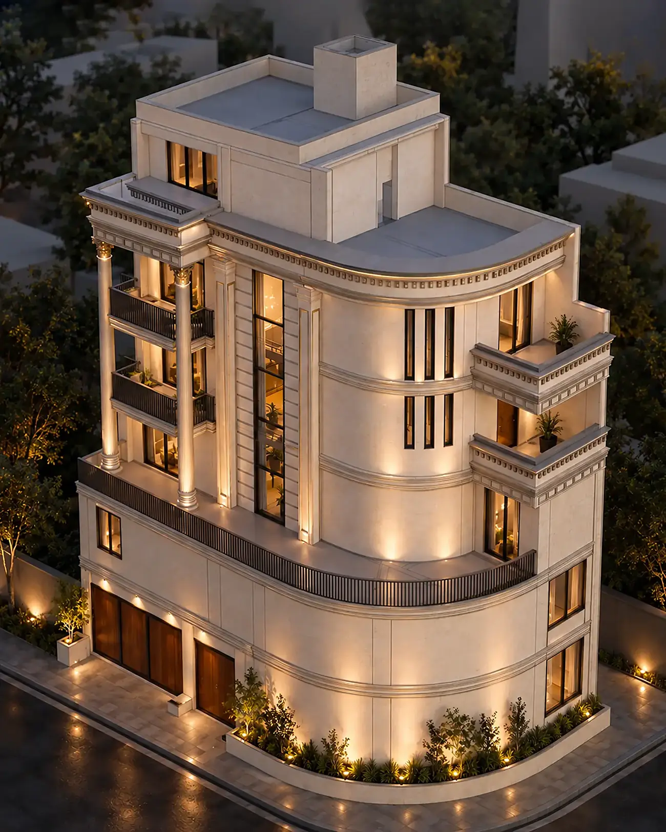 MR. BHAVESH SAKARIYA – LUXURY CLASSICAL VILLA 3 Aerial View of Luxury Villa with Curved Façade and Rooftop Design