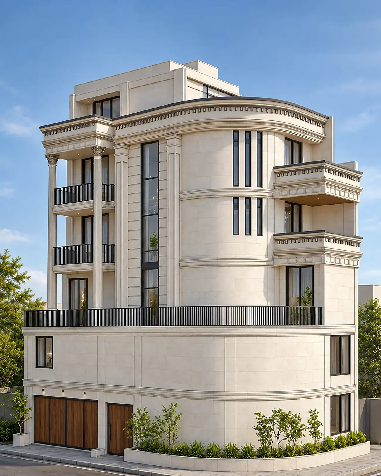 MR. BHAVESH SAKARIYA – LUXURY CLASSICAL VILLA 6 Luxury Classical Villa Corner Elevation with Curved Facade