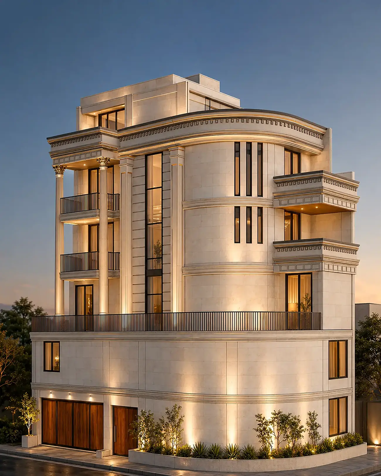 MR. BHAVESH SAKARIYA – LUXURY CLASSICAL VILLA 1 Luxury Classical Villa Front Elevation with Warm Evening Lighting
